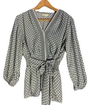 Max Studio Women’s V Neck Tie Waist Peplum Blouse Size M, Resort Classy Chic